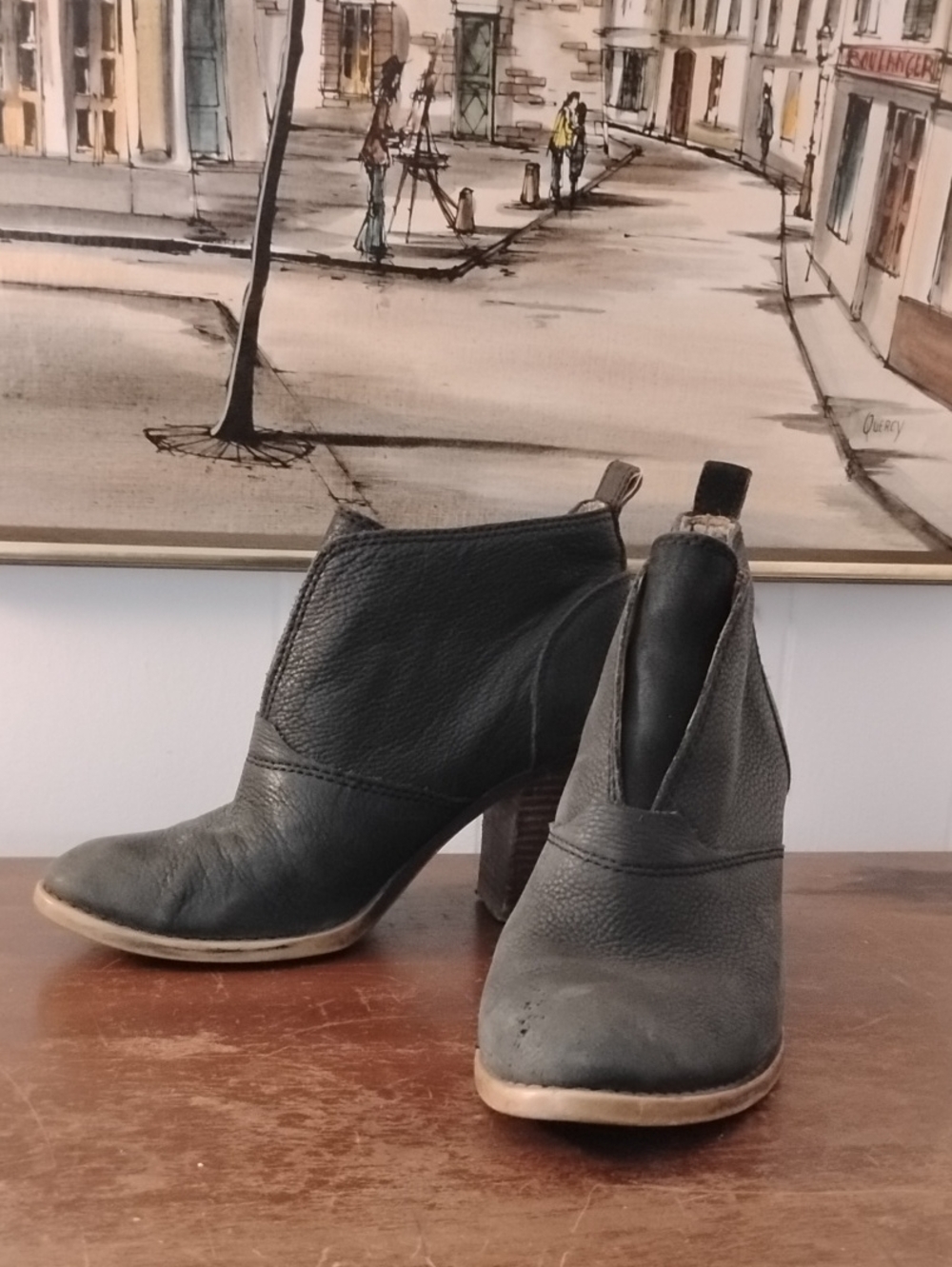 Lucky Brand Black Leather Ankle Booties with Stacked Heel